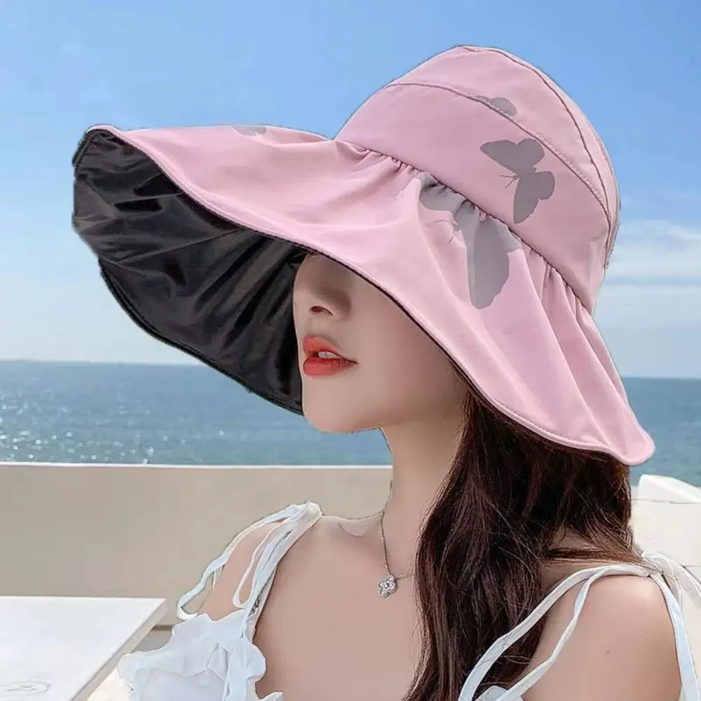 UV Protection Large Visor Sun Hat Foldable Empty Top Summer Sun Cap Adjustable Korean Style Sunscreen Bucket Hat Beach