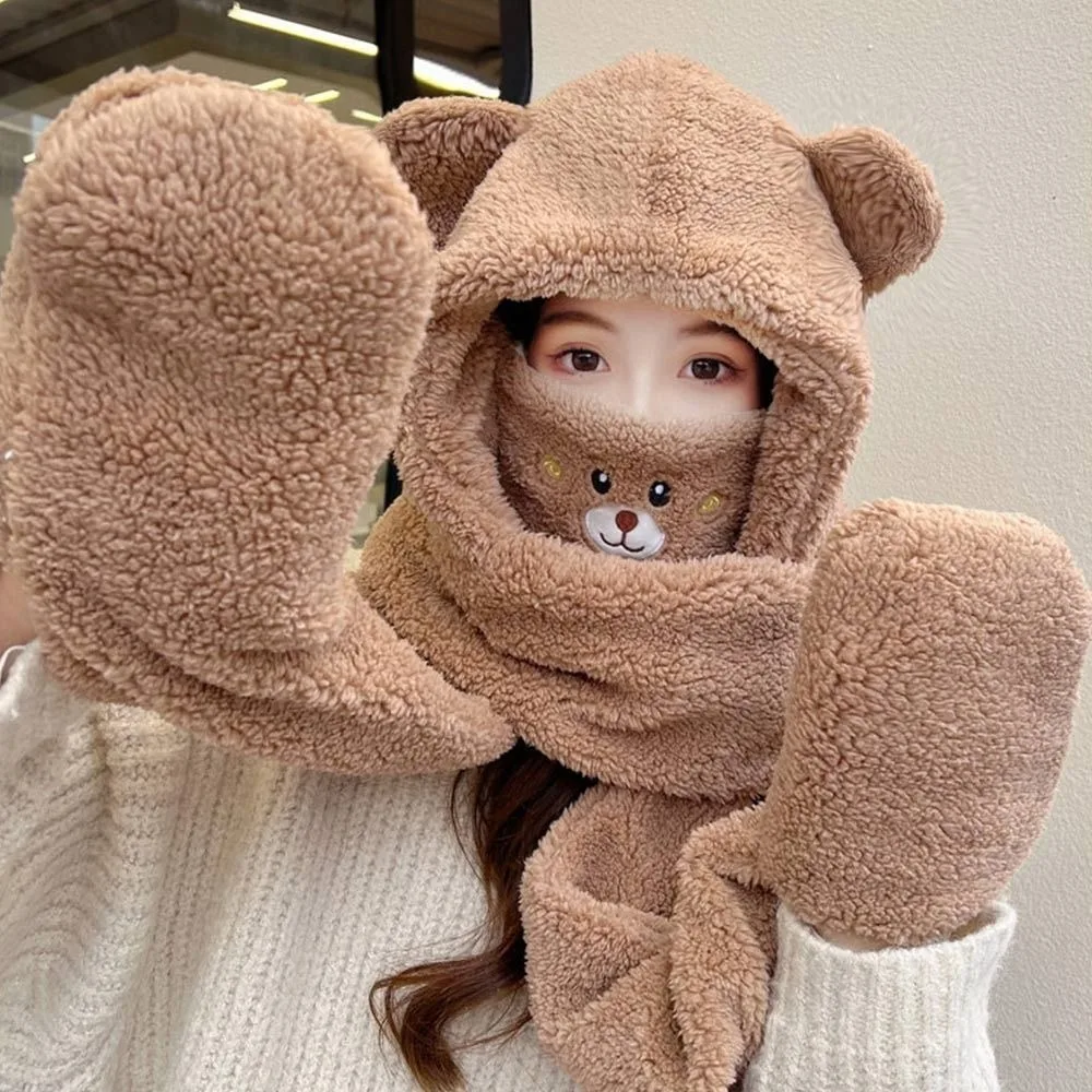 Cute Plush Bear Ear Beanies Cap Warm Large Head Circumference Lamb Skull Cap Splicing Warm White Thickened Scarf Gloves Set Head