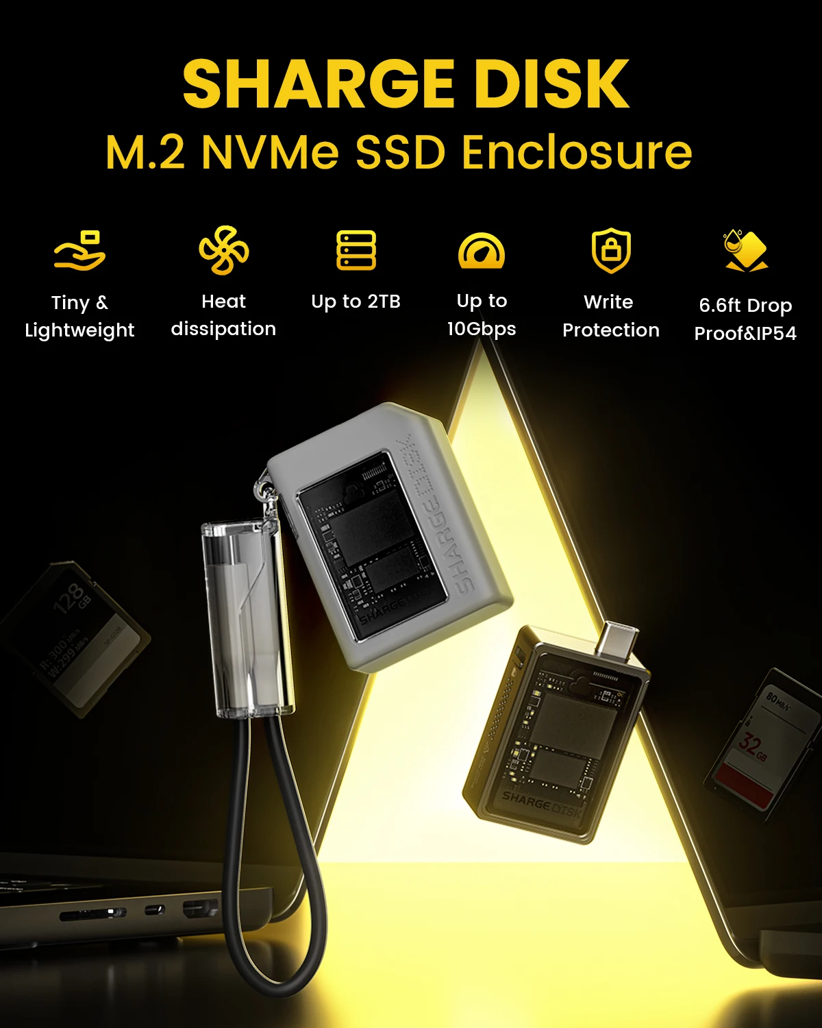SHARGE-SSD Enclosure for Laptop, External SSD for PS5 Game Camera, NVMe PCI-E M.2 SSD Case, USB 3.2 Gen 2, 10Gbps, 2230 M.2