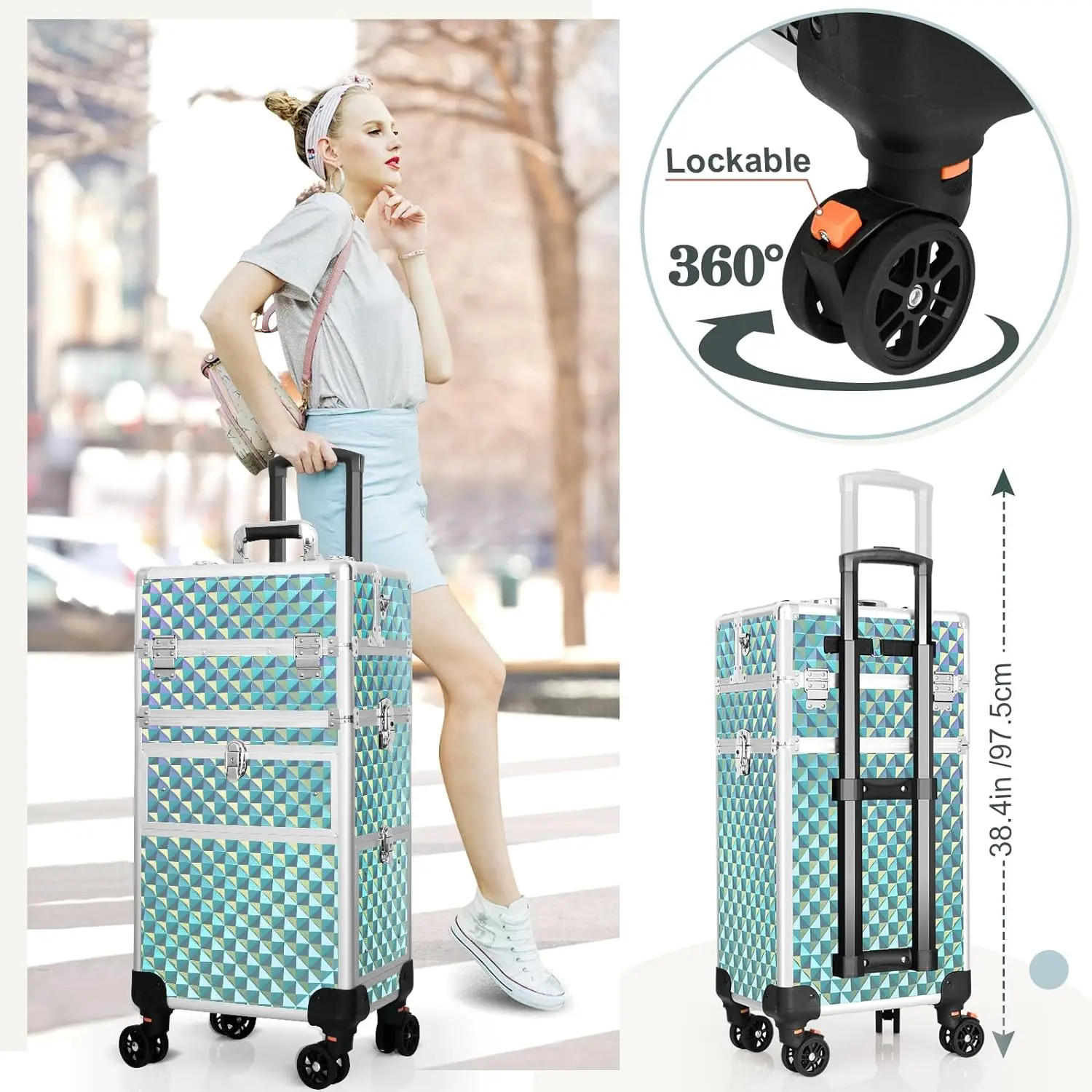 5-in-1-Make-up-Rollzug-Koffer, Kosmetik-Organizer, weiche, seitliche rollende Make-up-Reise-Koffer, kosmetische Aufbewahrung