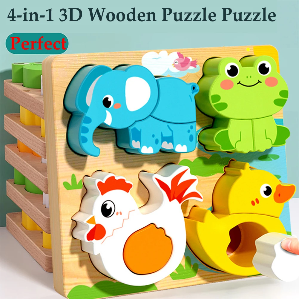 Jouets en bois 4 en 1, Puzzle 3D en bois, animaux de dessin animé, Puzzle cognitif, jouets éducatifs d'apprentissage précoce pour enfants, cadeau