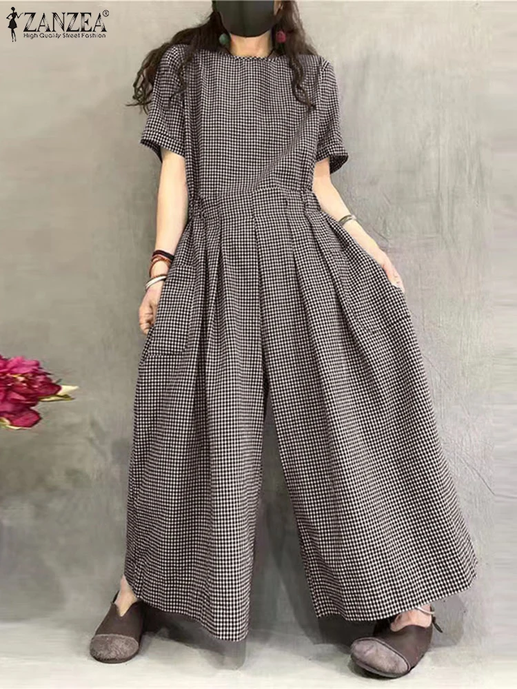 ZANZEA Kurzarm-Overall mit weitem Bein, plissierte Taille, O-Ausschnitt, lockere lässige Gingham-Overalls, 2023, modischer Damen-Langspielanzug