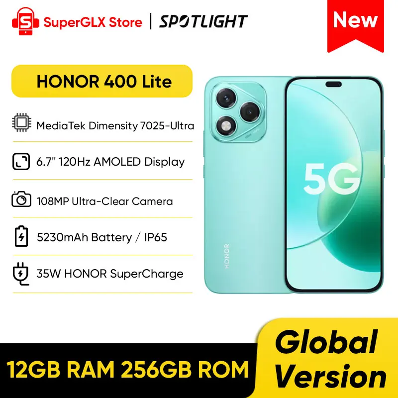 Nueva versión Global HONOR 400 Lite 5G Mediatek Dimensity 7025-Ultra cámara de 108MP 6,7 "120Hz pantalla AMOLED 5230mAh 35W SuperCharge