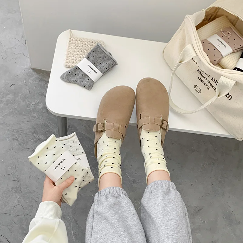 5 Paar Frühlingssocken für Damen – Cremefarbene Vintage-Socken mit gepunktetem Mittelrohr und gerolltem Rand, dünne künstlerische Sommersocken