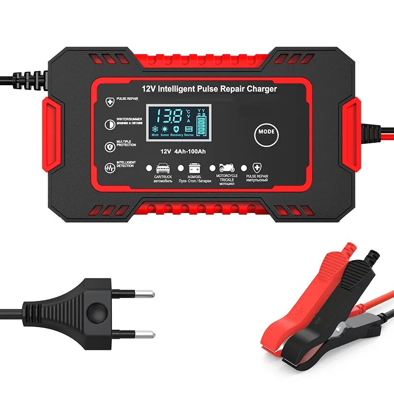 ที่ชาร์จแบตเตอรี่12V6A 1ชุดจอแสดงผลดิจิตอลสำหรับรถยนต์/Charger sepeda Motor เหมาะสำหรับแบตเตอรี่ตะกั่วกรดแบบยุโรปปลั๊กแบบยุโรปการป้องกันแบบย้อนกลับ