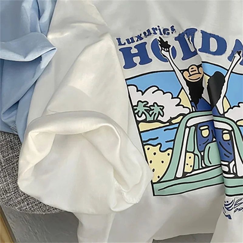 レトロアメリカンコットン半袖レディース Tシャツ夏ルーズシックトップホワイト香港スタイルトレンディラウンドネックプリント Tシャツ