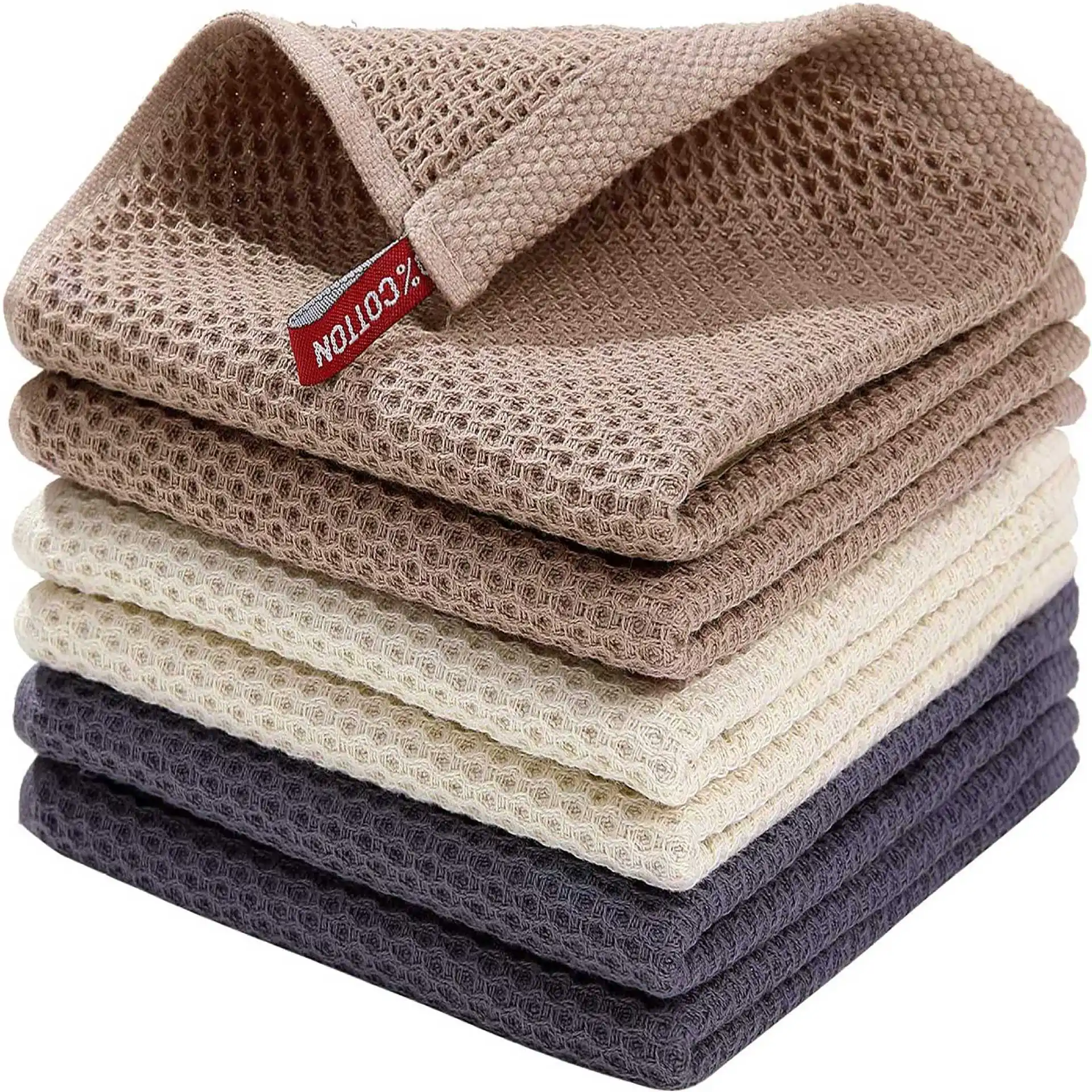 1/6-teiliges, heiß verkauftes quadratisches Küchenhandtuch-Set aus reiner Baumwolle mit Wabenstruktur, leicht zu reinigen, mit Haken, Waffel, 30 x 30 cm