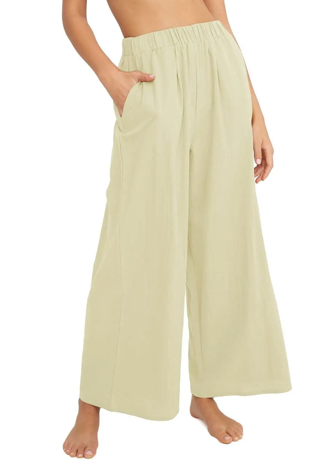 Women's Solid Color Comfortable Casual Hundred Lazy Style Wide Leg Pants with Pockets High Waisted Loose Seven Pants