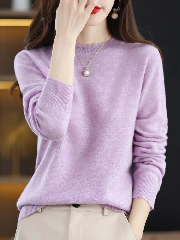 แฟชั่น 100% Merino ขนสัตว์เสื้อกันหนาว Elegant CASHMERE Pullover ผู้หญิง O-คอยาวแขนยาวเสื้อถัก Basic เสื้อผ้าเสื้อจัมเปอร์