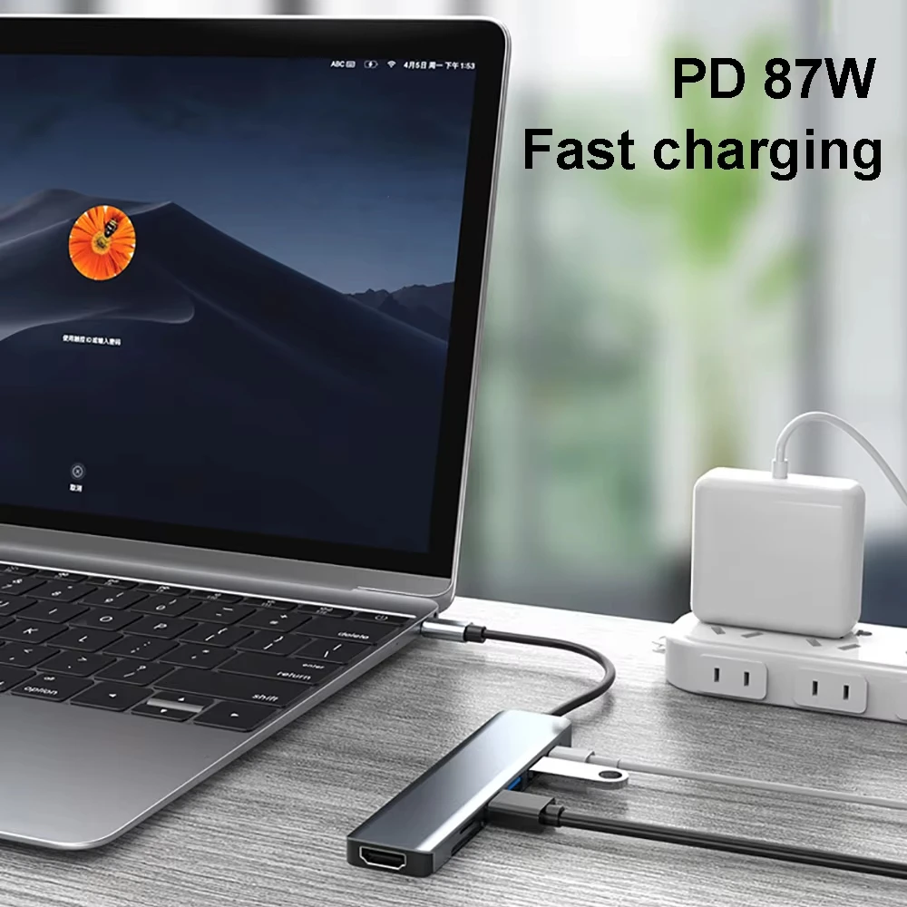 7-in-1 USB C Docking Station 4K HDMI-kompatiblen Adapter USB 3,0 HUB TYP C zu HDMI PD 87W USB C Splitter für Laptop Macbook Pro