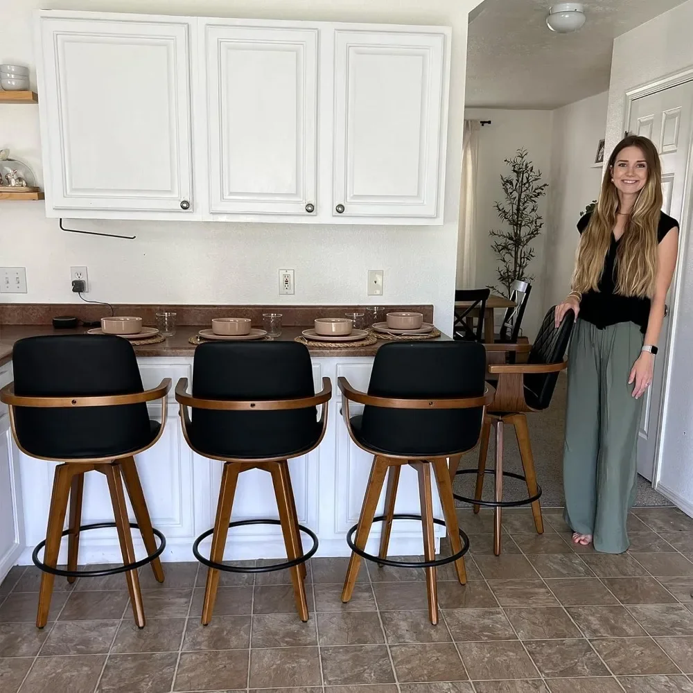 Set of 2 Bar Height Stools – 30" Swivel with Curved Back & Arms, Walnut Frame, Upholstered Seat for Kitchen or Bar Use
