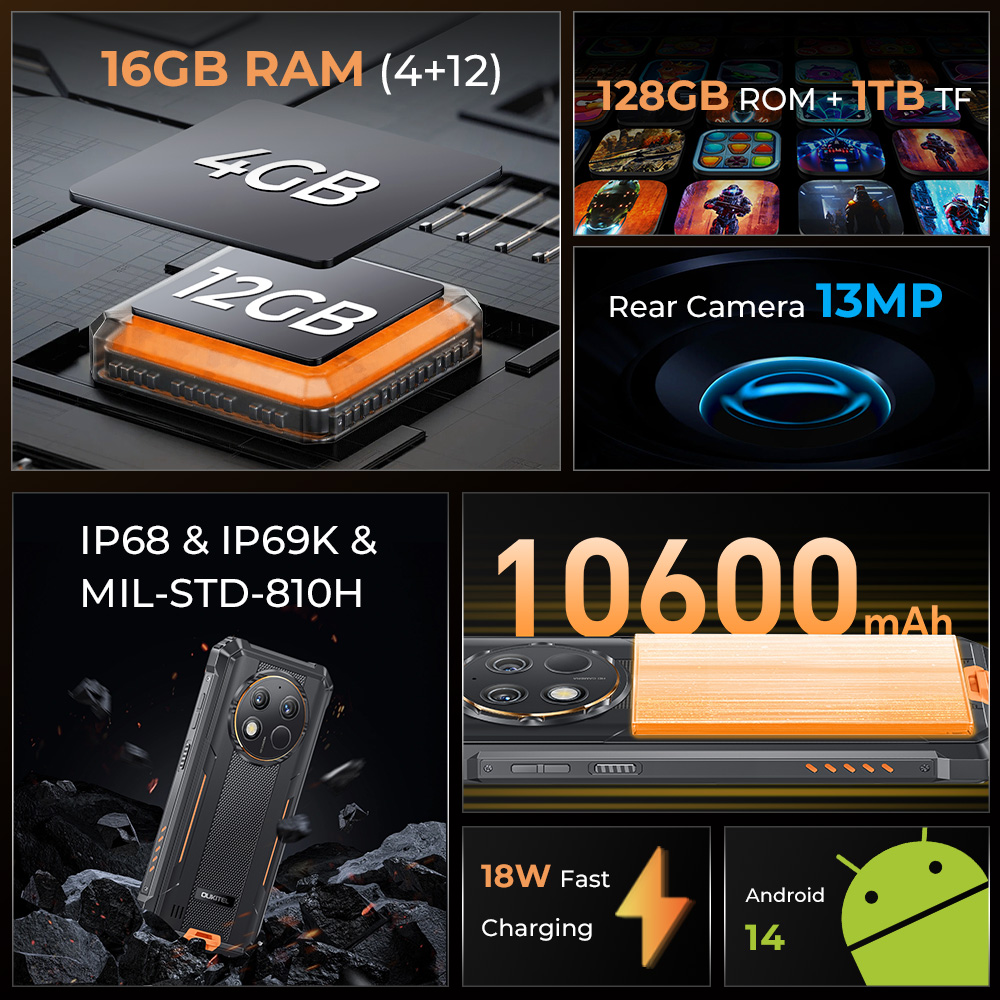 Oukitel WP28 S สมาร์ทโฟนที่ทนทาน 6.52 ''HD 10600mAh 8GB (4+4)+128GB Android14 13MPกล้องโทรศัพท์มือถือ