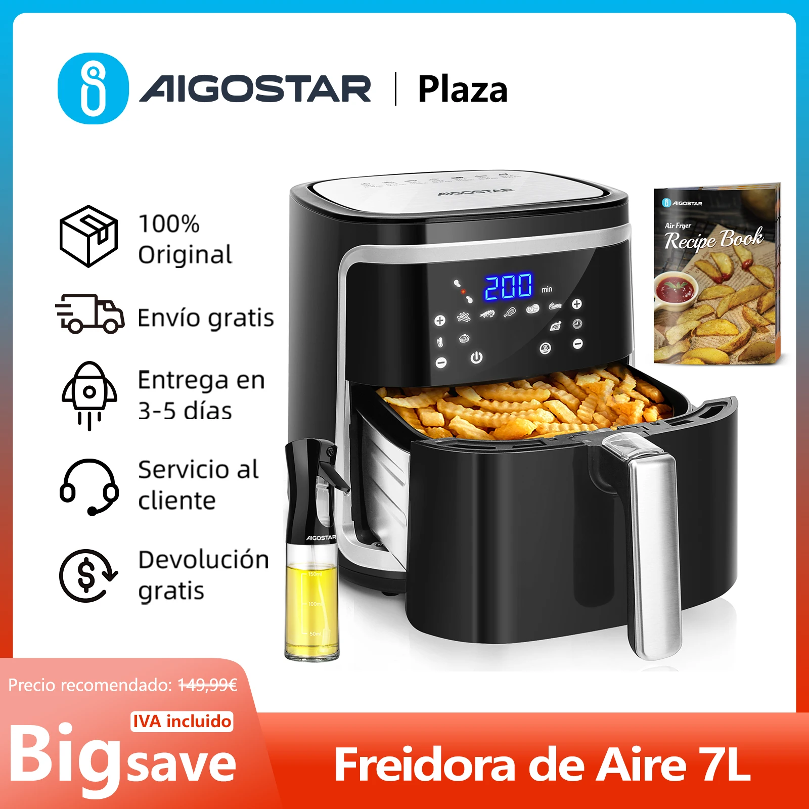 AIGOSTAR Freidora de Aire sin Aceite 7L,1900W, Inteligente. Conexión Wifi.Pantalla LED táctil, 7 funciones preestablecidas + mantener caliente y modo manual, Libre de BPA