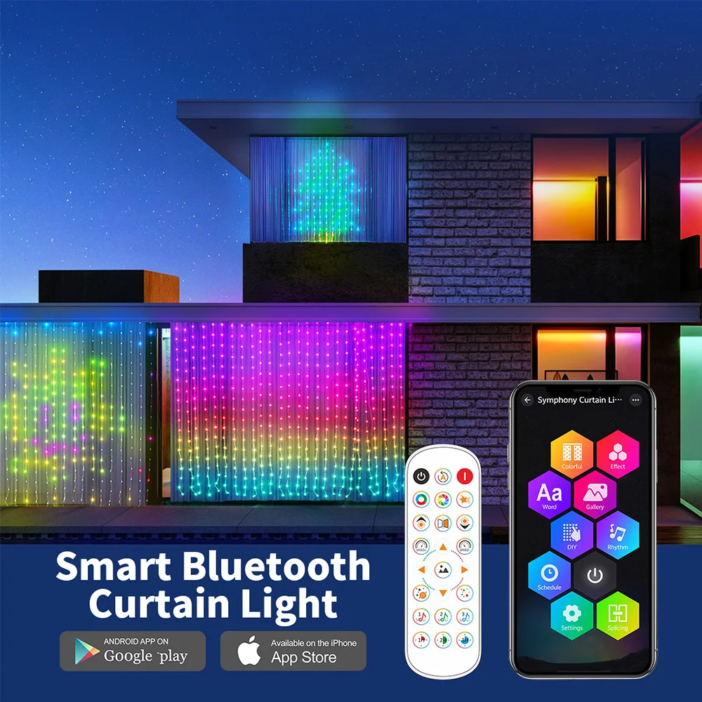 Guirnalda de luces con Control inteligente Bluetooth, cortina de luces RGBIC, cadena de luces LED con Control remoto USB, aplicación para decoraciones de habitaciones