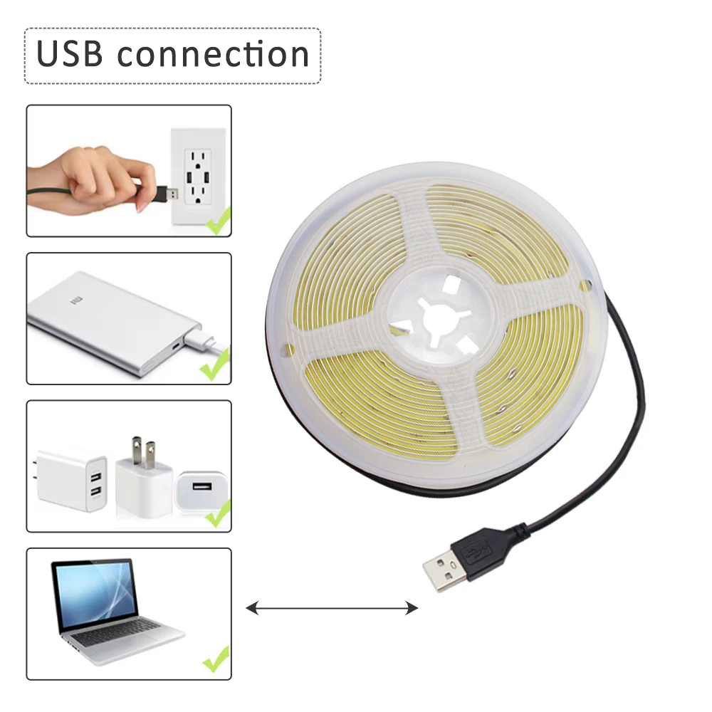 ไฟแถบ LED COB USB 5V 320 ดวง/เมตร แสงวอร์มไวท์ นวล ขาวธรรมชาติ ขาวเย็น แบบยืดหยุ่น ขั้วต่อ 2 ขา ขนาด 8 มม. สำหรับตกแต่งห้องนอน ห้องนั่งเล่น และบ้าน
