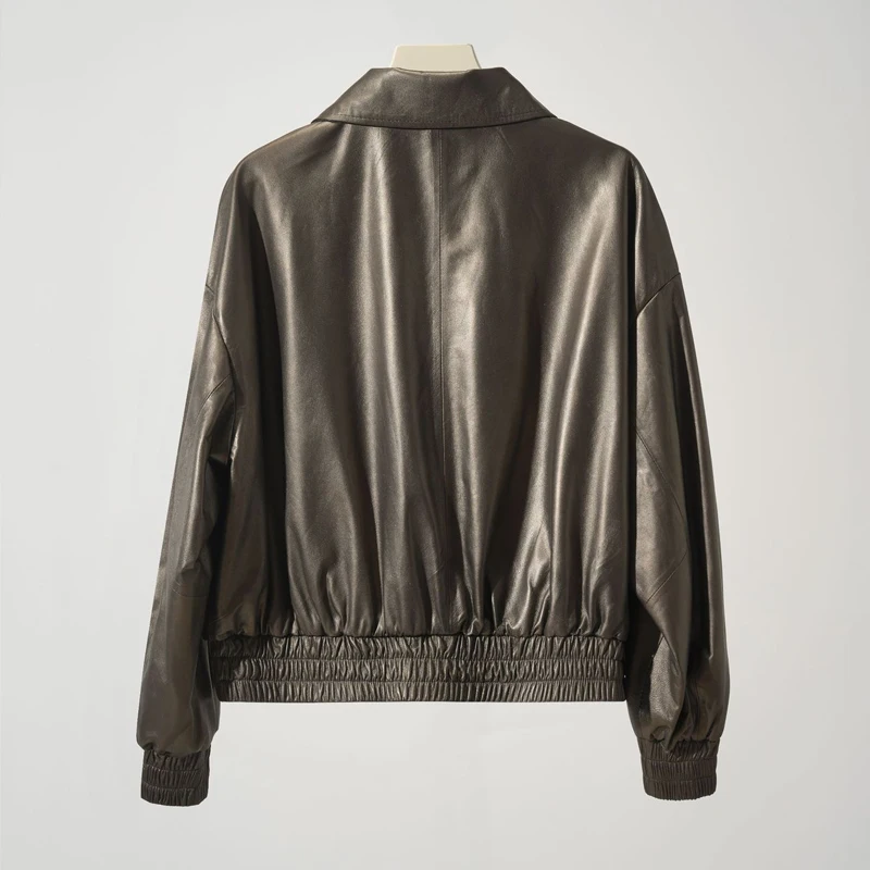 Damen Echt lederjacke neue Mode Knopf lose Langarm weibliche elastische Taille lässig Schaffell Jacke Mäntel Tops