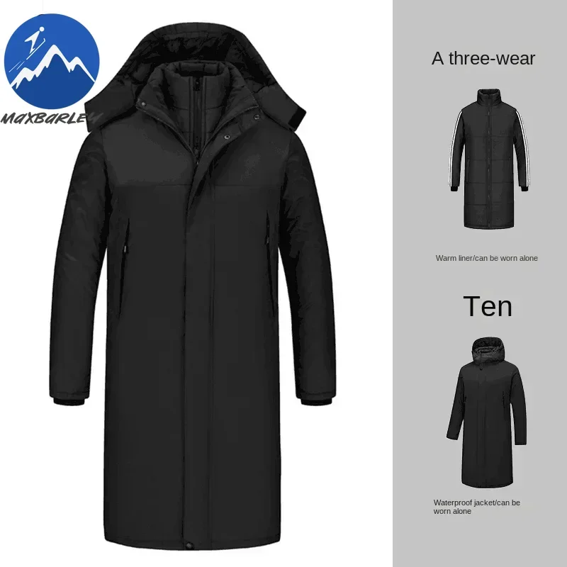 Inverno jaqueta longa masculina de luxo 3 1-em-1 removível conjunto de 2 peças quente acolchoado jaqueta neve impermeável grosso com capuz blusão parkas