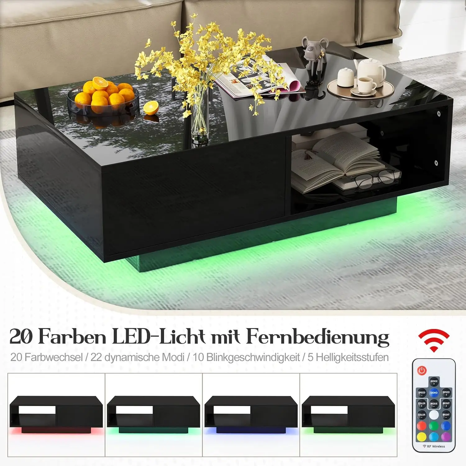 Couchtisch mit LED-Lighting, Kaffeetisch mit offenem Ablage & Schublade, Sofa Table mit Fernbedienung, Wohnzimmer, Gesellscha