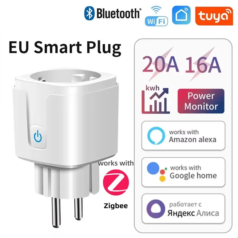 Tuya-enchufe inteligente WiFi/Zigbee, Monitor de potencia de 16A/20A con sincronización, Control por voz, Control por aplicación Smart Life para Alexa y Google Home