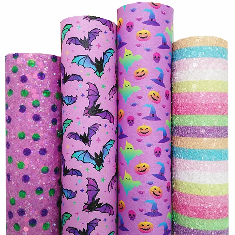 Gulungan Mini 30X 134cm Halloween Kulit Imitasi Kelelawar Pumpins Ghotts Kustom Kulit Imitasi Kain Titik Garis Glitter untuk Busur DIY Q1412