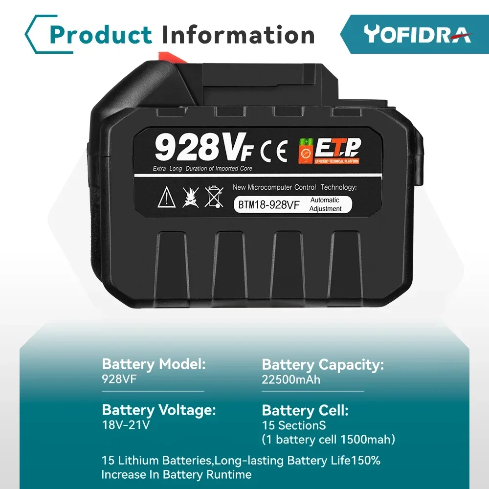 Yofidra 388VF バッテリー充電式 22500mah 15000mah リチウムイオン電池 928VF リチウムイオン電池マキタ電動工具