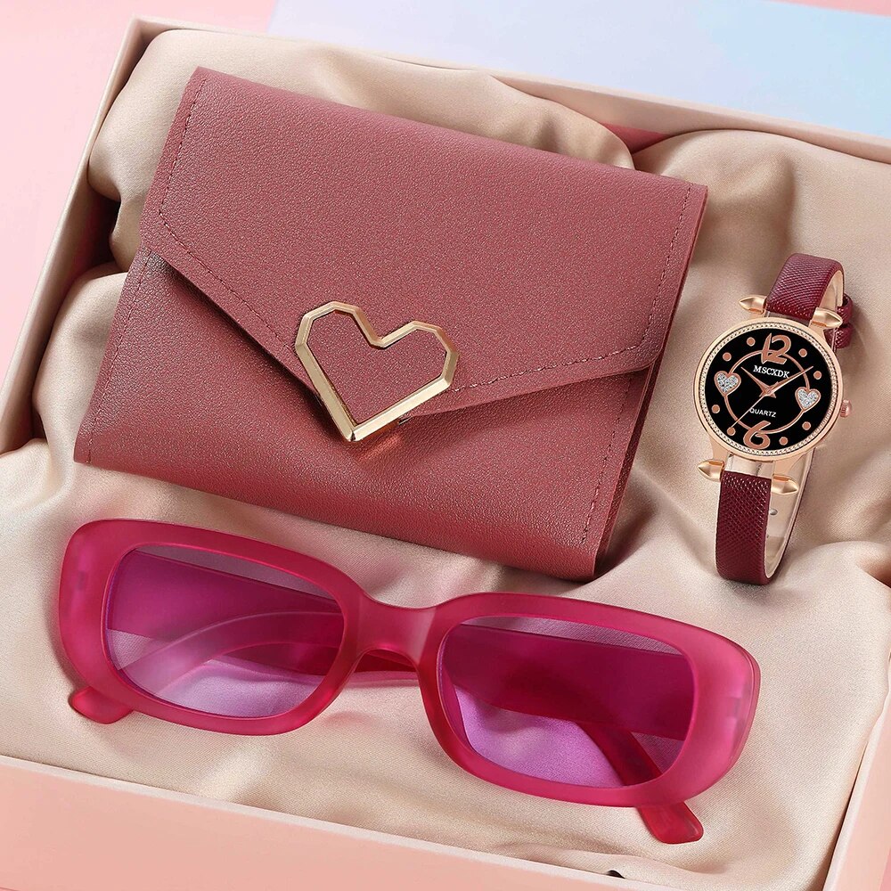 Relojes con correa de cuero a la moda para mujer y billetera con corazón Simple, conjunto de gafas de sol, relojes de pulsera de cuarzo para mujer, vestido para mujer