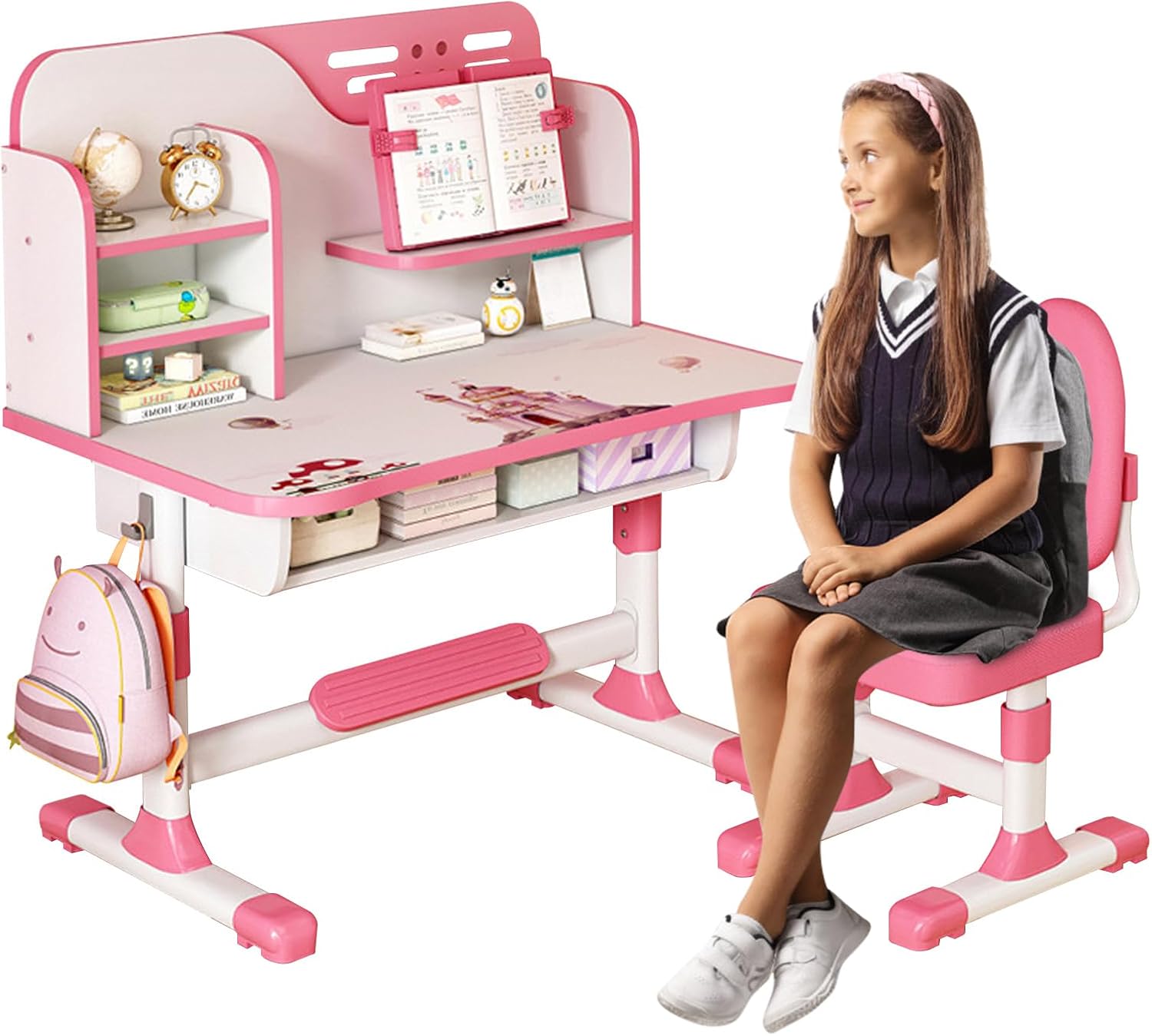 Kids Desk and Chair Set, Height Adjustable Table with Writing Board, Bookshelf, and Drawer, Pink
