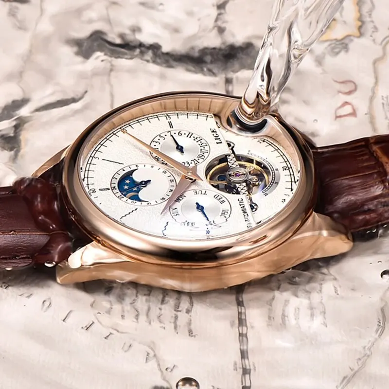 Lige นาฬิกาผู้ชายอัตโนมัตินาฬิกา Tourbillon หนังแท้กันน้ำนาฬิกาข้อมือทหารผู้ชาย
