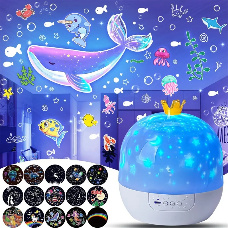 Corona estrella proyección de luz estrella giratoria dormitorio techo atmósfera noche lámpara estrellas regalo de cumpleaños para niños con hoja de películas