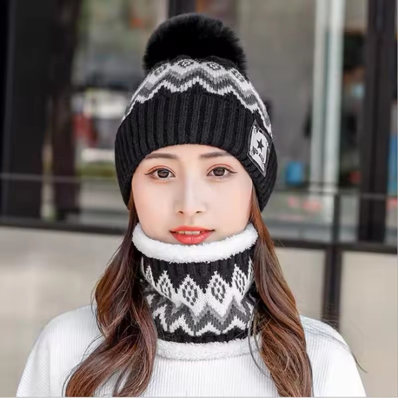 2pcs Winter Cashmere Lined Warm Neck Hat Combination Portable Windproof Ear Protection Hat Knit Printed Versatile Set Accessory