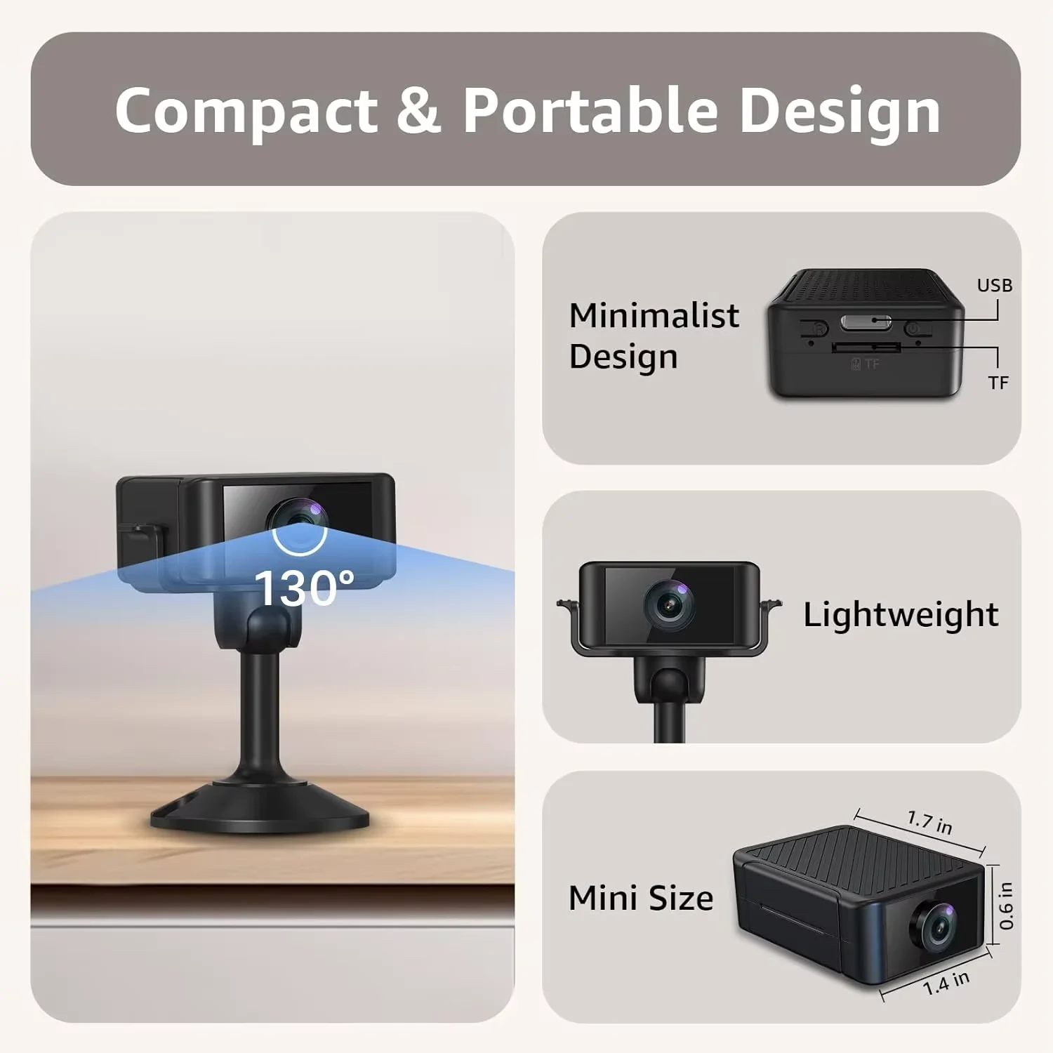 Cámara pequeña 4K con función de disparo nocturno. Batería de 4 horas. Con detección de movimiento para almacenar datos en SD o en la nube. Viene con control de aplicación móvil para proporcionar alertas en tiempo