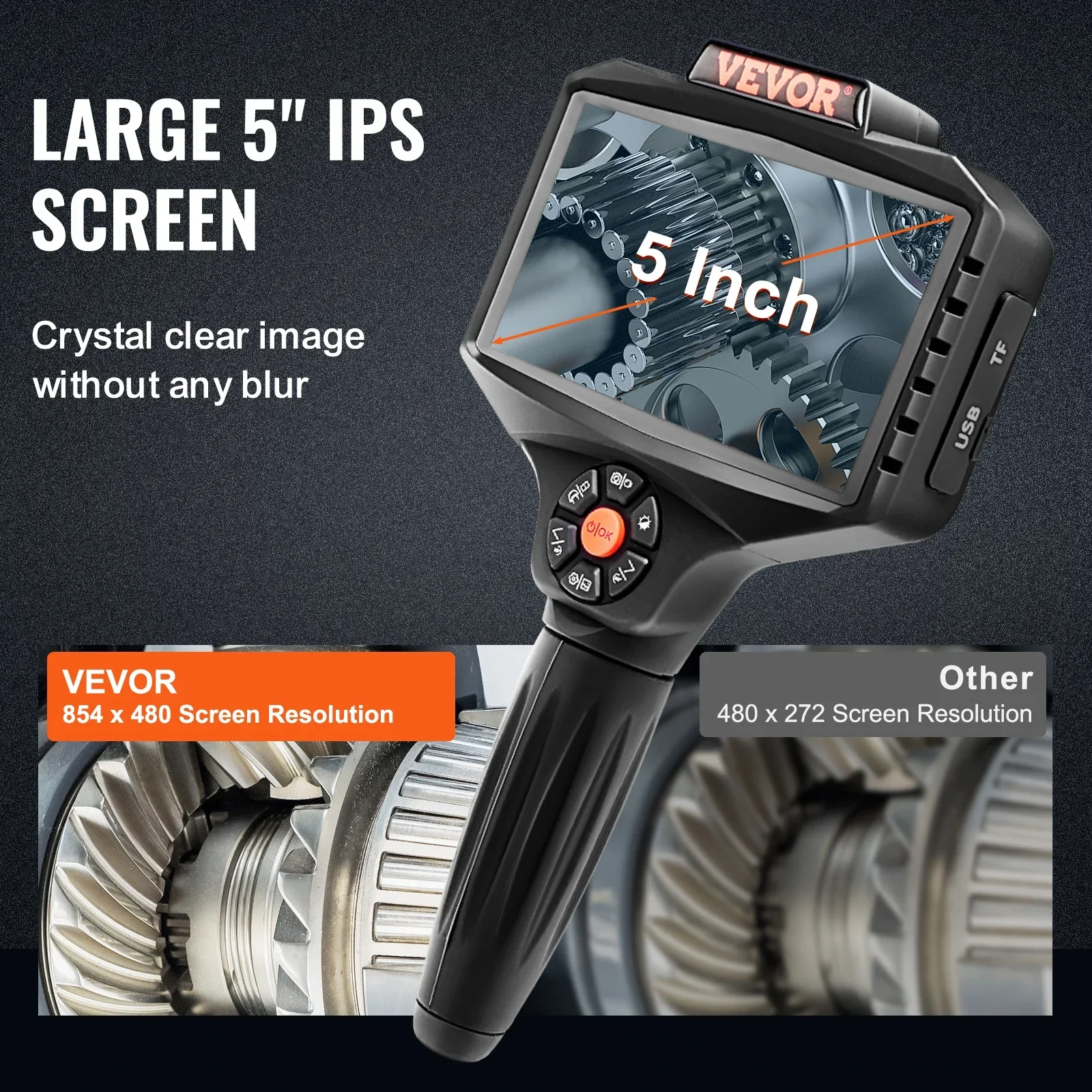 VEVOR Triple Lens Industrial Endoscope 5" IPS Screen Borescope Inspection Camera with Lights Split Screen 8xZoom IP67 Waterproof