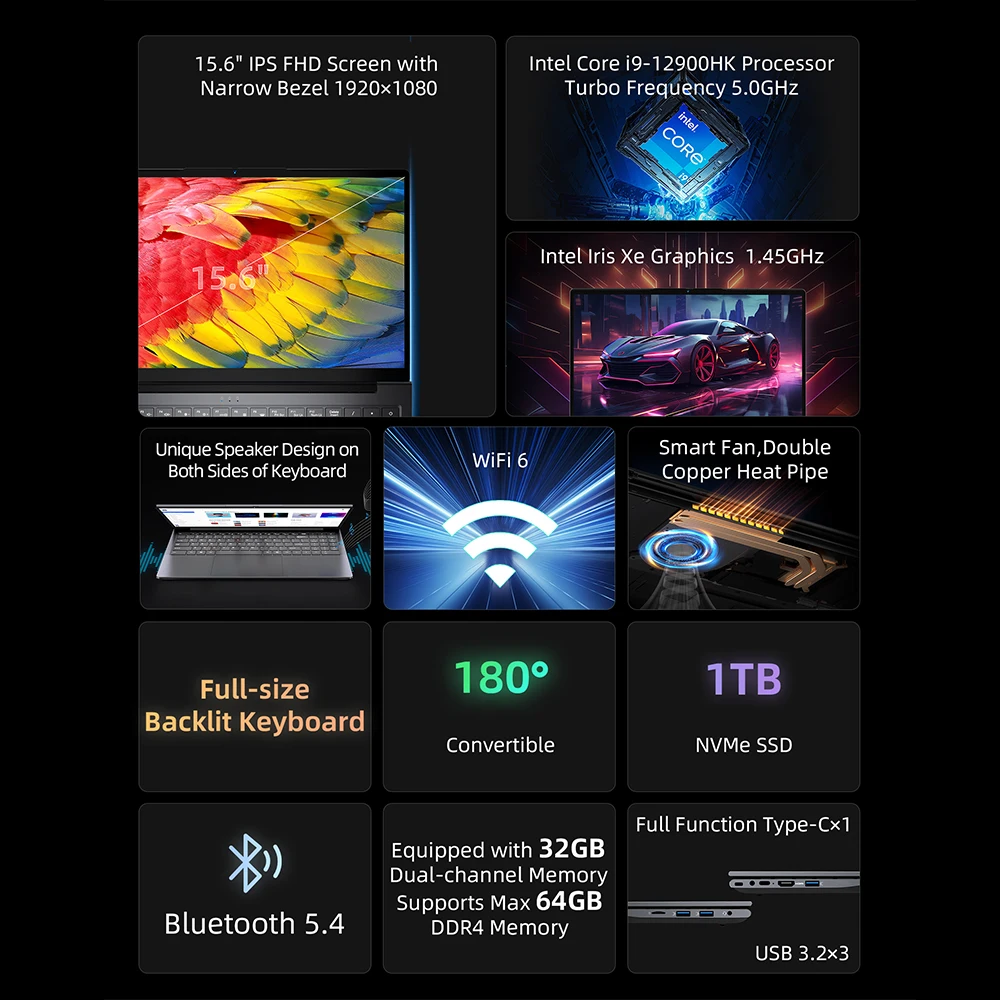 Bmax 15.6 "x17 potência 32gb ram 1tb ssd intel i9 12900hk cpu windows 11 notebook 1920*1080 wifi usb pc bluetooth portátil