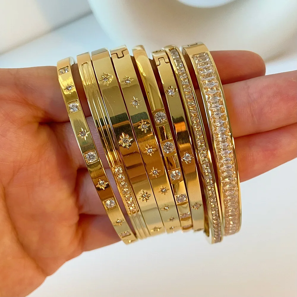 Nuevos brazaletes de circonia cúbica resistentes al agua, pulseras de acero inoxidable, joyería sin deslustre para mujeres, venta al por mayor de fábrica personalizada