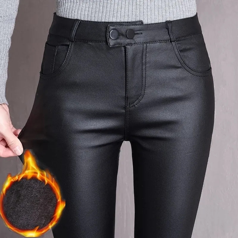 Añadir terciopelo/sin terciopelo negro imitación PU pantalones de cuero mujeres alta cintura estiramiento Leggings Otoño Invierno Casual pantalones pitillo