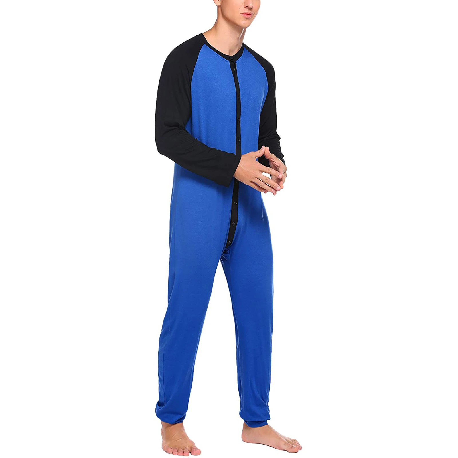 Herren-Pyjama mit Knopfleiste, langärmelig, Rundhalsausschnitt, Farbblock-Overall, Nachtwäsche für Erwachsene