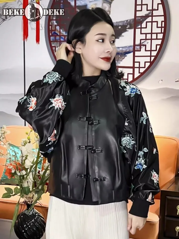 Frühling neue Vintage Frauen Blumen stickerei Fledermaus Ärmel Stehkragen einreihige gespleißte Schaffell Echt lederjacke