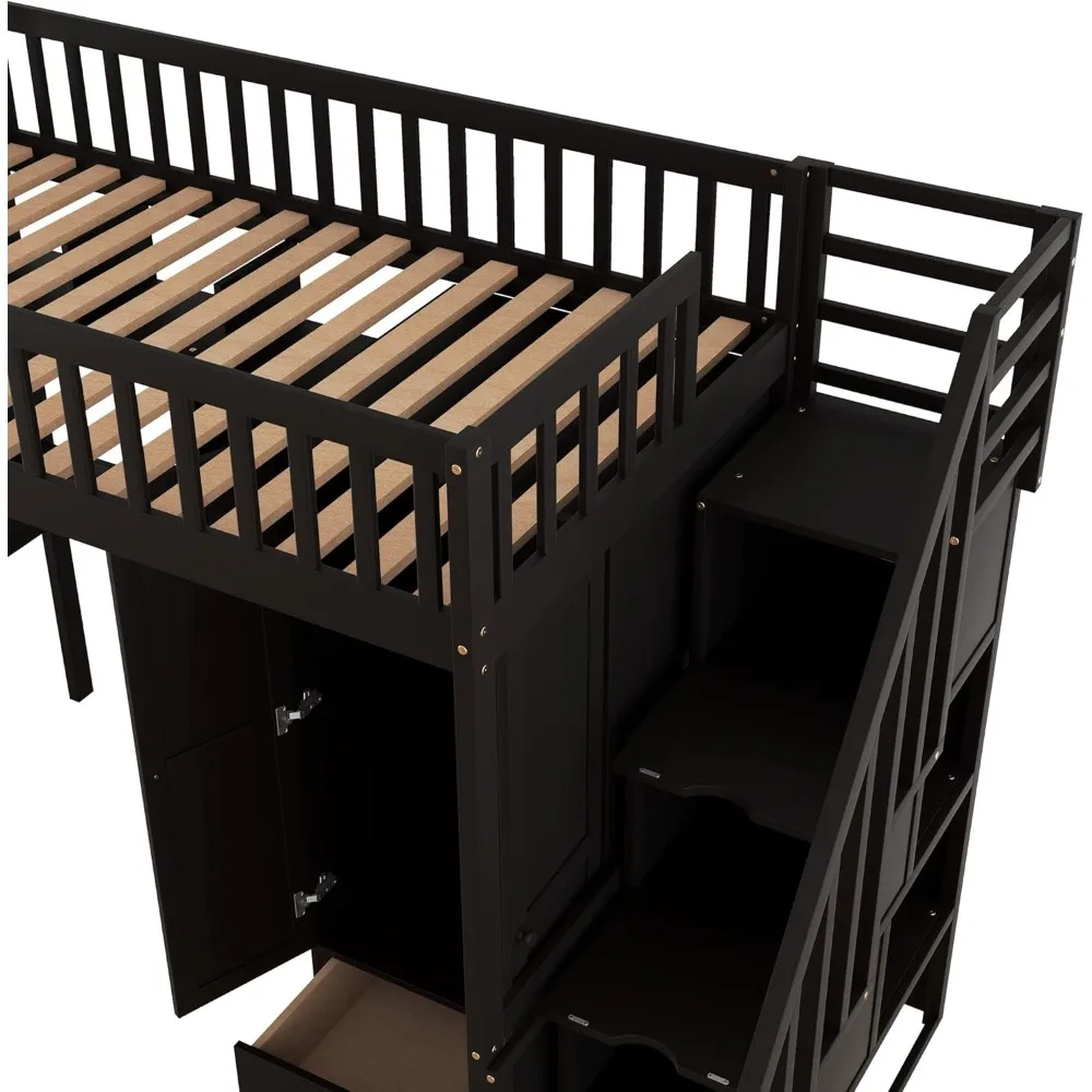 Twin Size Loft Bed with Bookshelf, Wardrobes and Storage Staircase, Multi-Function Solid Wood High Stairway Loft Bed Frame Kids
