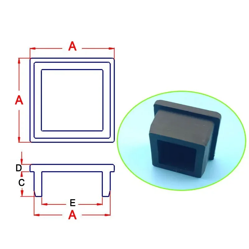 Black Square With Hole Silicone Rubber End Cap T-Plug Steel Pipe Plug Hole Stoppers Dustproof High temperature resistance