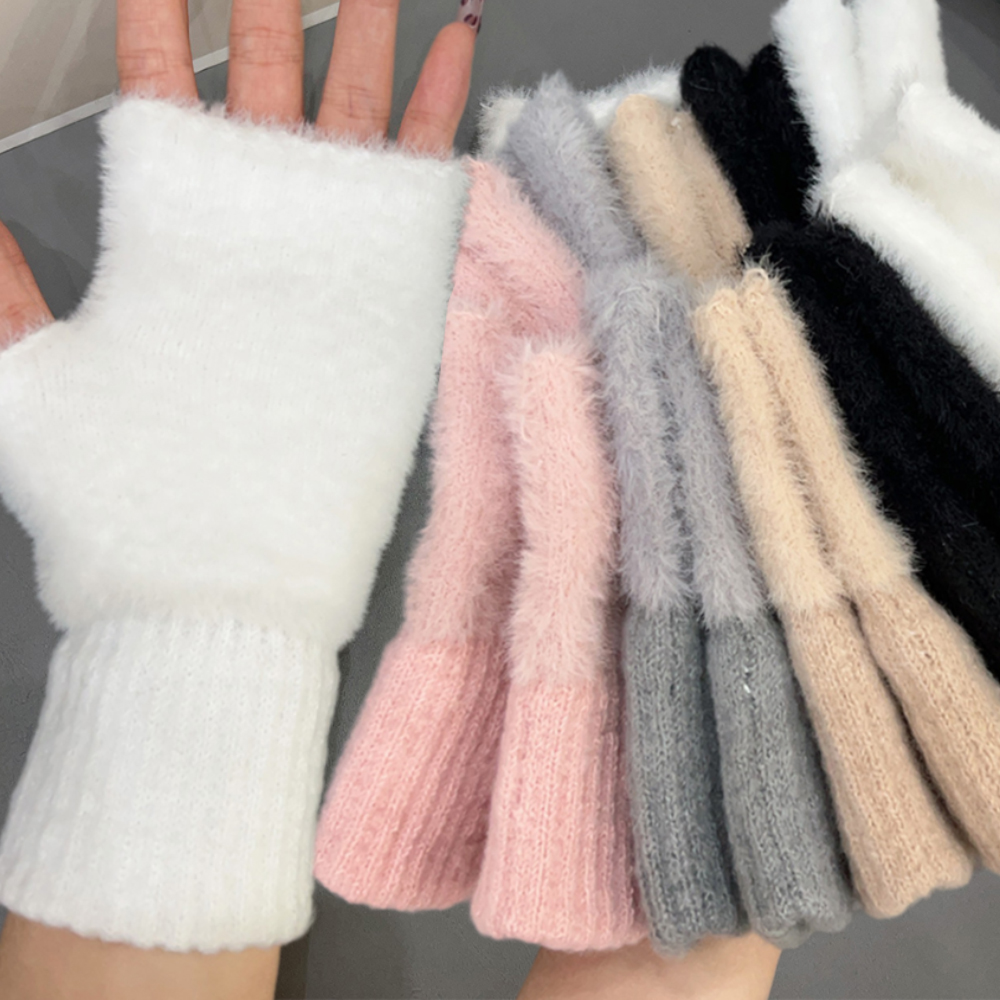 Guantes de invierno suaves de lana de visón de lujo con medio dedo para mujer, guantes sin dedos de punto de felpa blancos sólidos cálidos, mitones para escribir