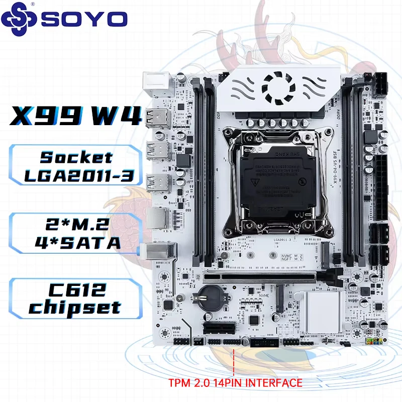 Placa base SOYO X99 DDR4 LGA2011-3 con ranura M 2 compatible con Chipset C612 de doble canal DDR4 SATA 3,0 ventilador blindado de refrigeración blanco