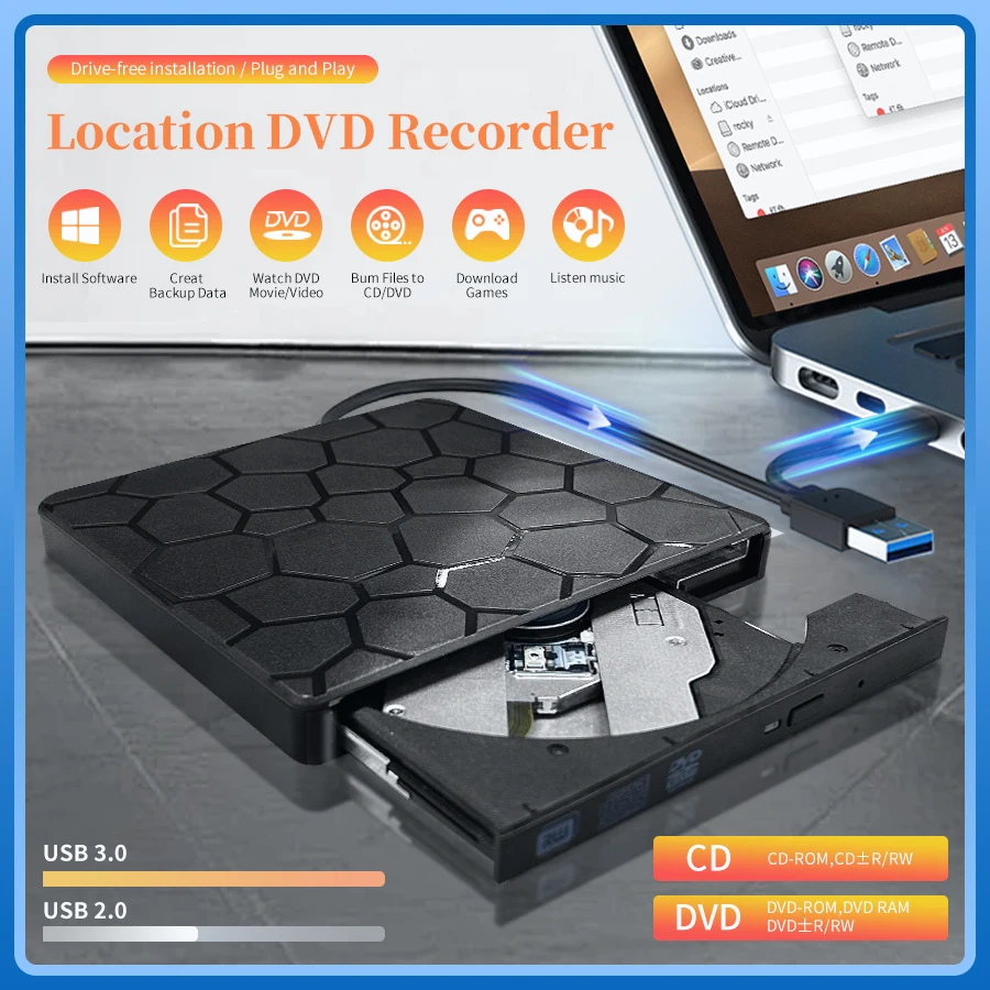 Unidade externa de dvd rw 2 em 1, interface usb 3.0 tipo c, slim, dvd, cd, gravador, leitor, unidade óptica para laptop e notebook