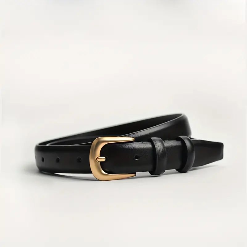 Cinto de couro PU monocromático elegante – fivela de pino dourado, simples, casual, versátil, cintura ajustável para calças