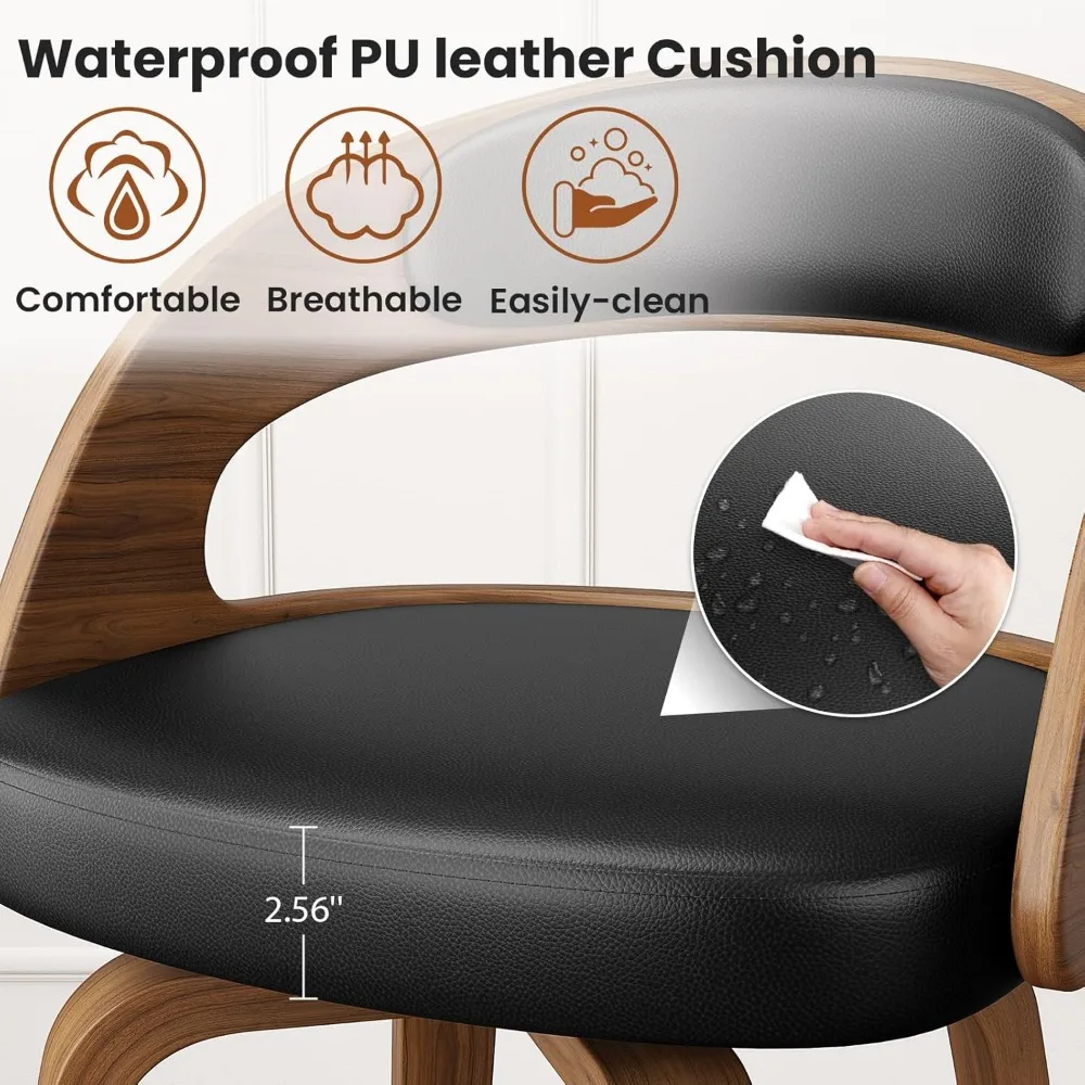 Swivel Bar Stools Set of 4, 26" Counter Height Bentwood Barstool, Mid-Century Modern PU Leather Upholstered Bar Chair with Back