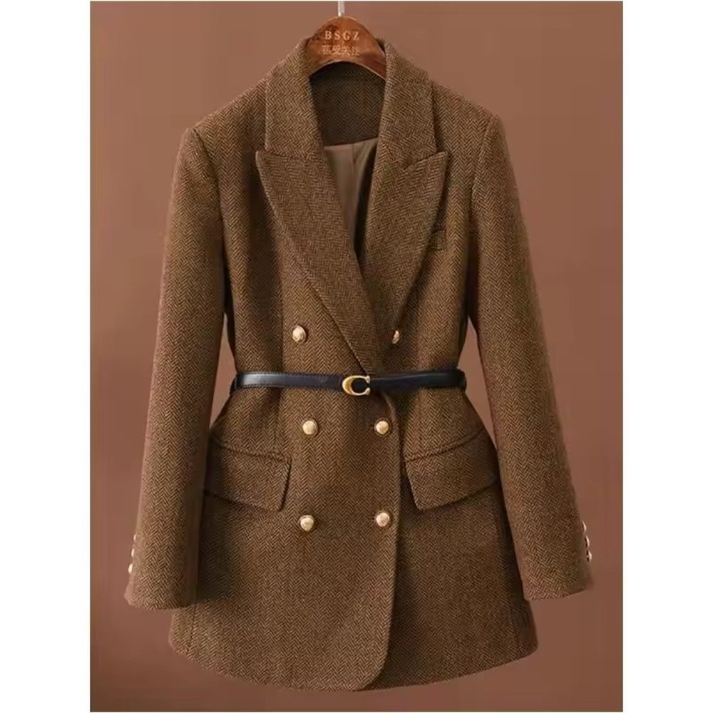 Marrom com cinto uma jaqueta de lã vintage para mulheres outono e inverno 2025 novo popular sazonal temperamento verde superior blazer feminino
