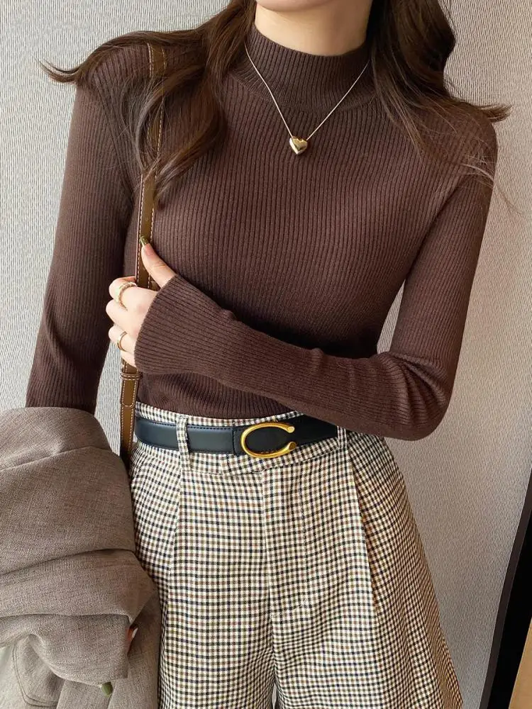Otoño Invierno suéter de mujer con cuello simulado Vintage básico sólido tejido coreano Tops Casual Jersey ajustado suéteres simples y elegantes