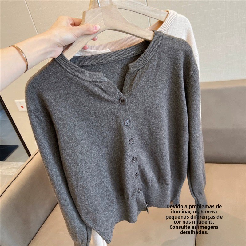 Cardigan Aberto de Lã Fina e ga da Pele, Versão Coreana para Mulheres, Estilo Solto com Decote em V, Suéter Curto
