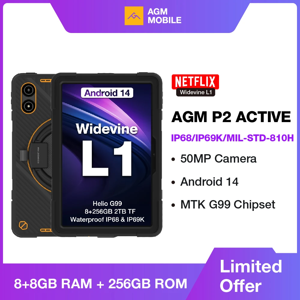 Прочный планшет AGM P2 Active 11 дюймов FHD, водонепроницаемость/пыленепроницаемость IP68, 8 ГБ ОЗУ + 256 ГБ, Android 14, G99, прочный планшет Widevine L1 P2W