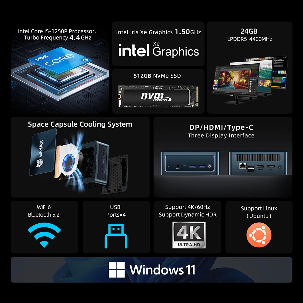 BMAX B9 Plus MIni PC Intel 12. generacji procesor Core i5-1250P Intel Iris Xe Graphics 24 GB LPDDR5 512 GB NVMe SSD Windows 11 WIFI 6