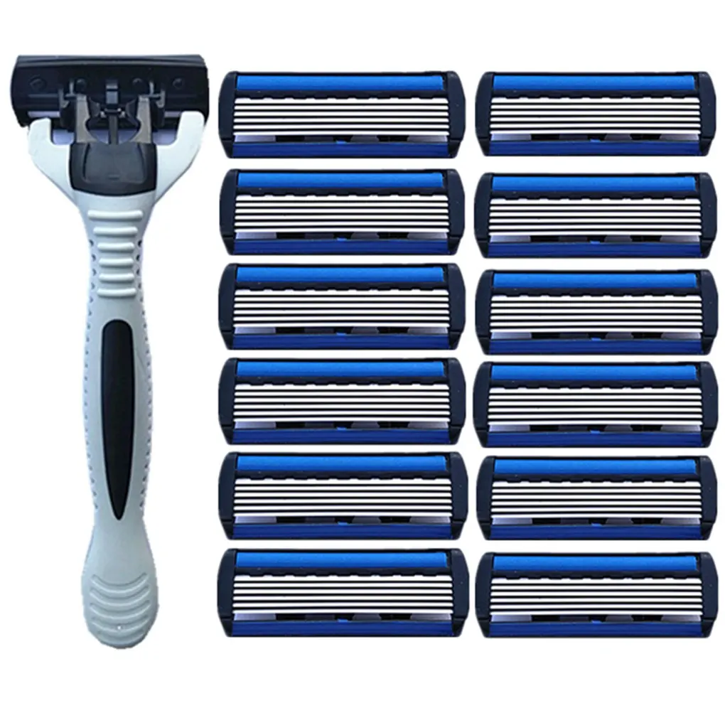12PCS มีดโกนใบมีดโกนหนวดมีดโกนสําหรับ Men Face กําจัดขน Sharp 6 ชั้นเครื่องโกนหนวดใบมีดเครื่องมือสีขาวมีดโกนผู้ถือโกนหนวด ...